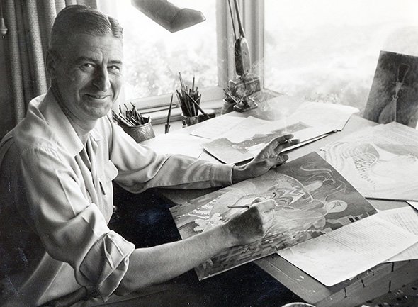 Theodor Geisel at work in his studio. Photo courtesy of Dr. Seuss Enterprises, LP