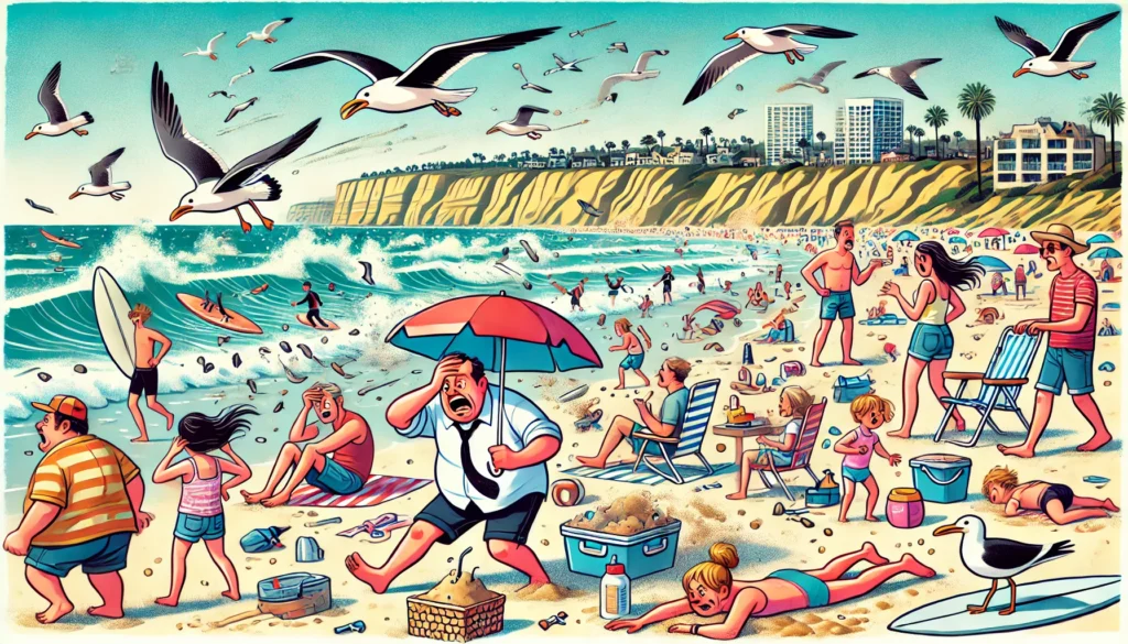 Humorous illustration of a beach day in San Diego where everything seems to be going wrong.