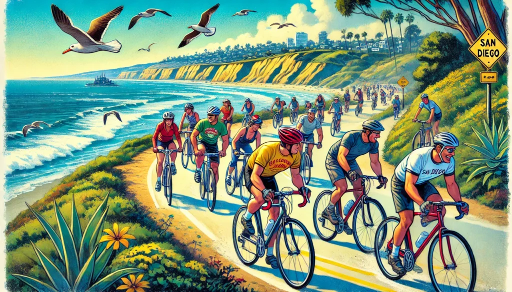 Humorous illustration of biking in San Diego, where there are lots and lots of people cycling uphill