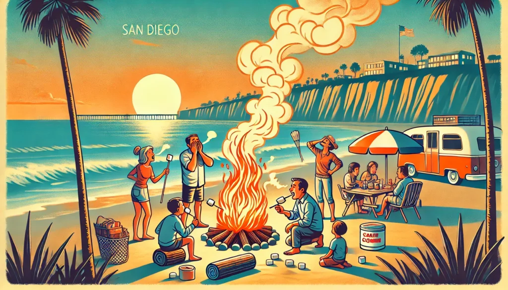 Humorous illustration of bonfires in San Diego where the smoke is bothering some of the people