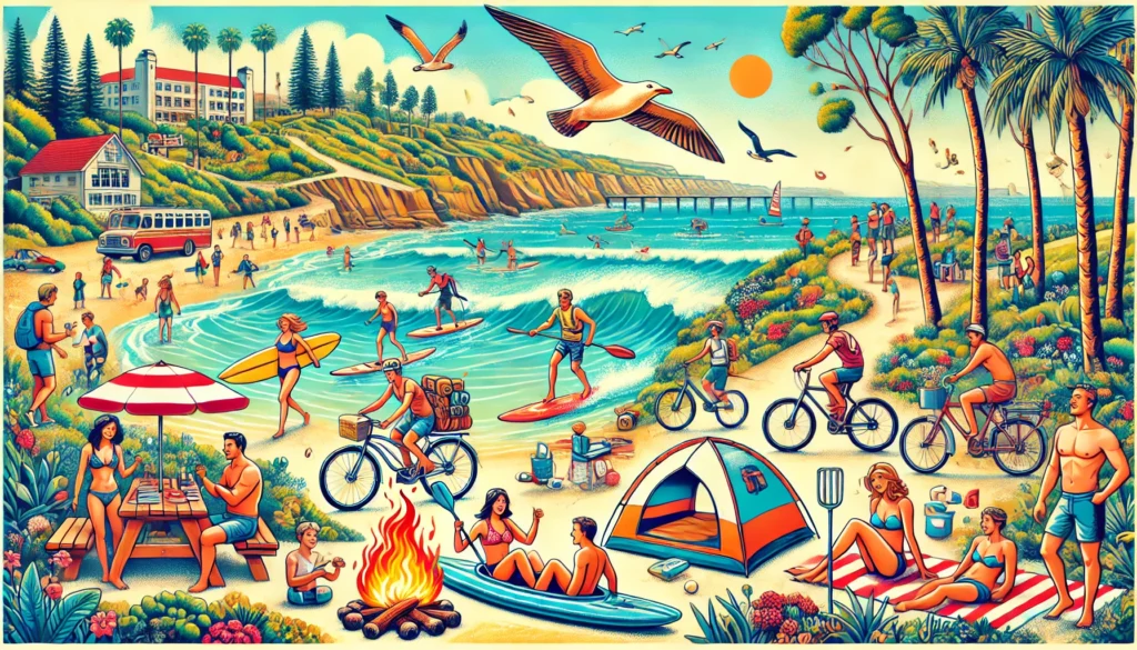 Illustration of a sunny day in San Diego featuring various outdoor activities, including surfing, hiking, biking, kayaking, yoga on the beach, and roasting marshmallows at a bonfire, with La Jolla cliffs in the background