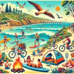 Illustration of a sunny day in San Diego featuring various outdoor activities, including surfing, hiking, biking, kayaking, yoga on the beach, and roasting marshmallows at a bonfire, with La Jolla cliffs in the background