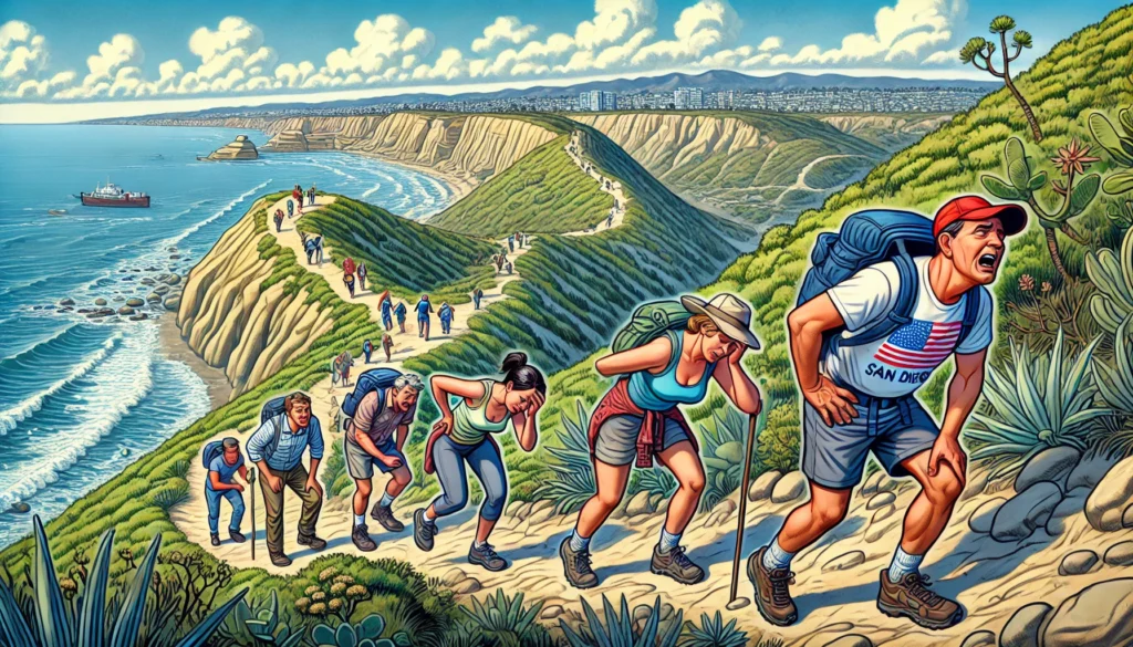 Humorous illustration of people not having a very good time hiking up the hills in San Diego