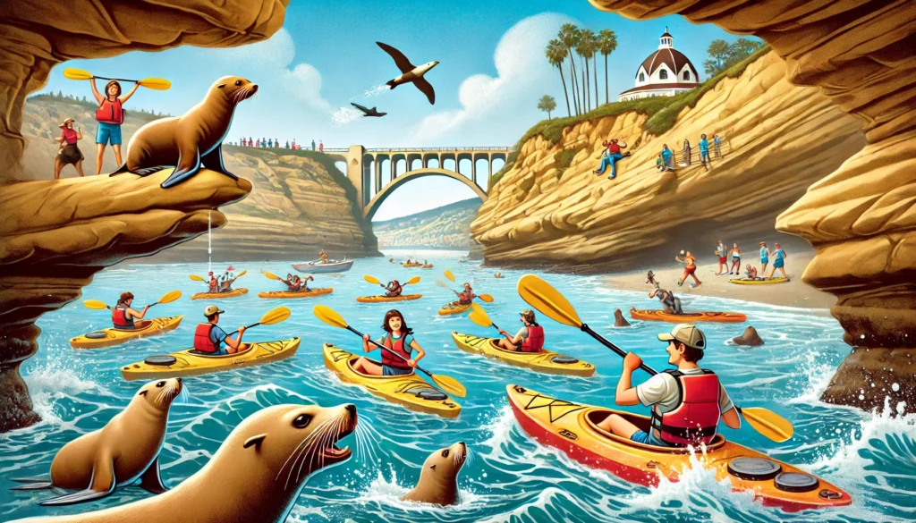 A humorous illustration of kayaking in San Diego that features way too many sea lions and kayakers