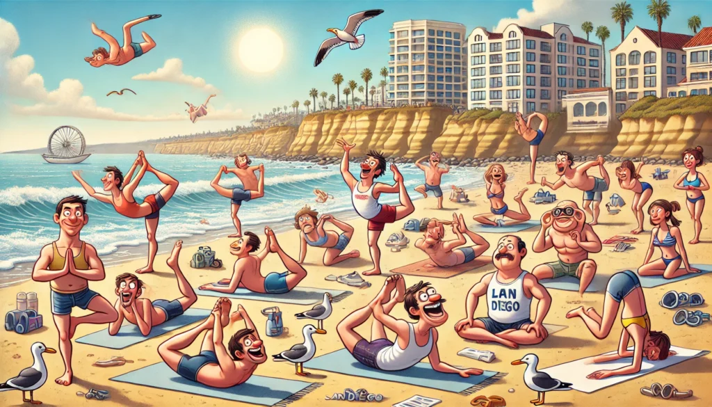 Humorous illustration of a bunch of people (and maybe one alien) doing outdoor yoga in San Diego