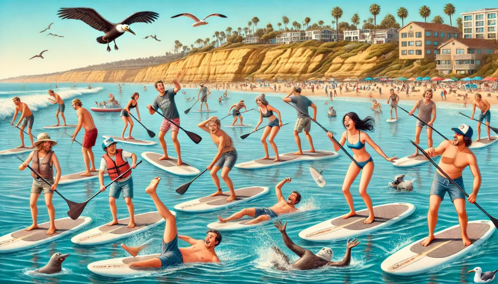 Humorous image of a crowd of clumsy people stand up paddleboarding in San Diego