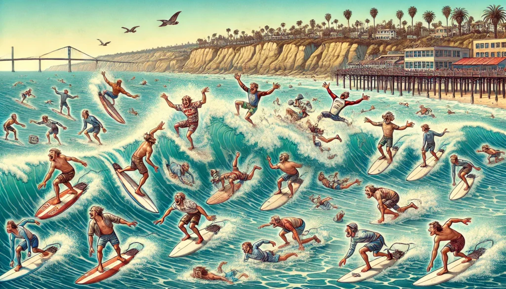 Humorous illustration of surfing in San Diego, where all the surfers are terrified and crashing into one another