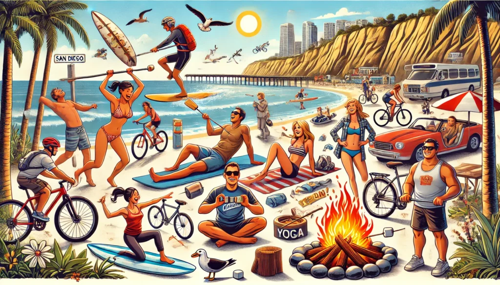 A humorous image wrapping up our favorite things to do outdoors in San Diego