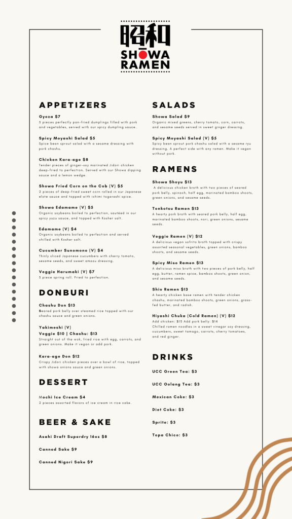 Showa Ramen menu.