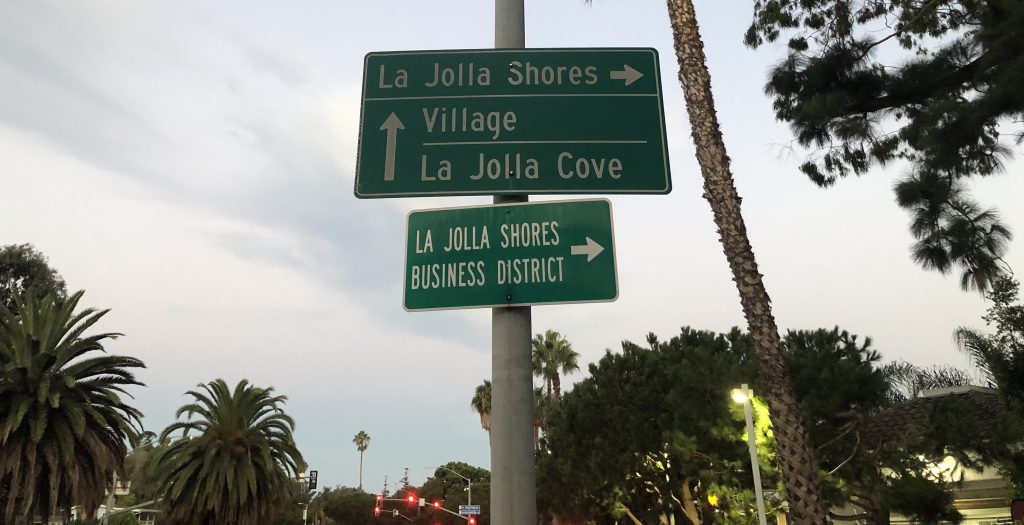 Sign to La Jolla Shores at sunrise