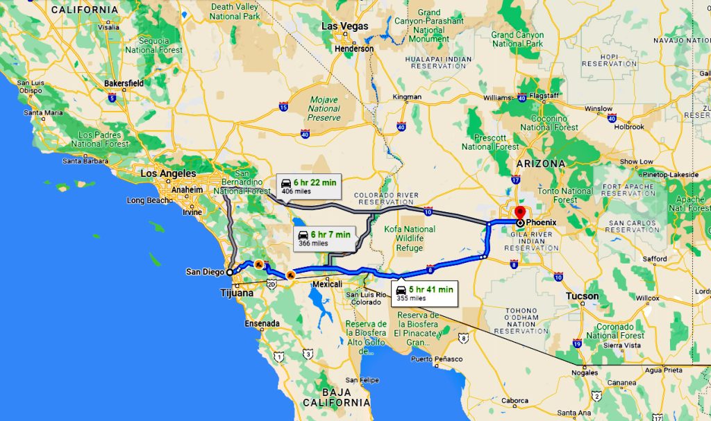 San Diego To Phoenix Road Trip Map 1024x607 