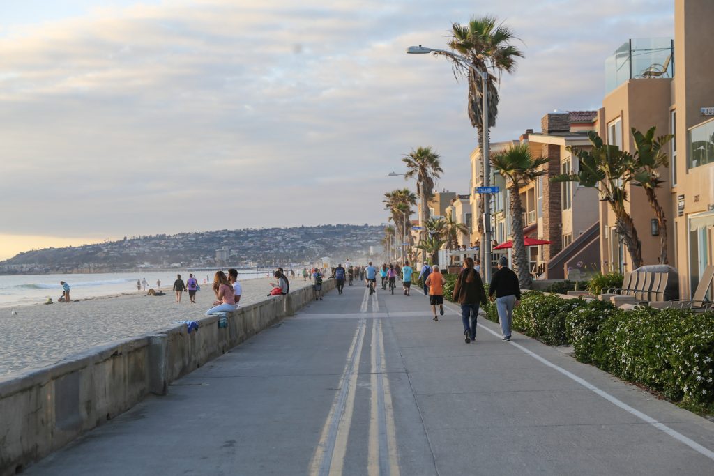 Strolling along the Mission Beach boardwalk.