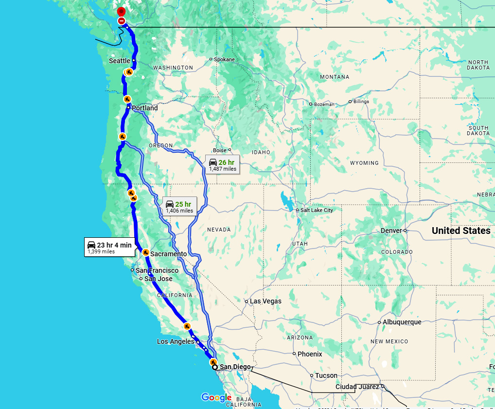Map of Pacific Coast highway road trip