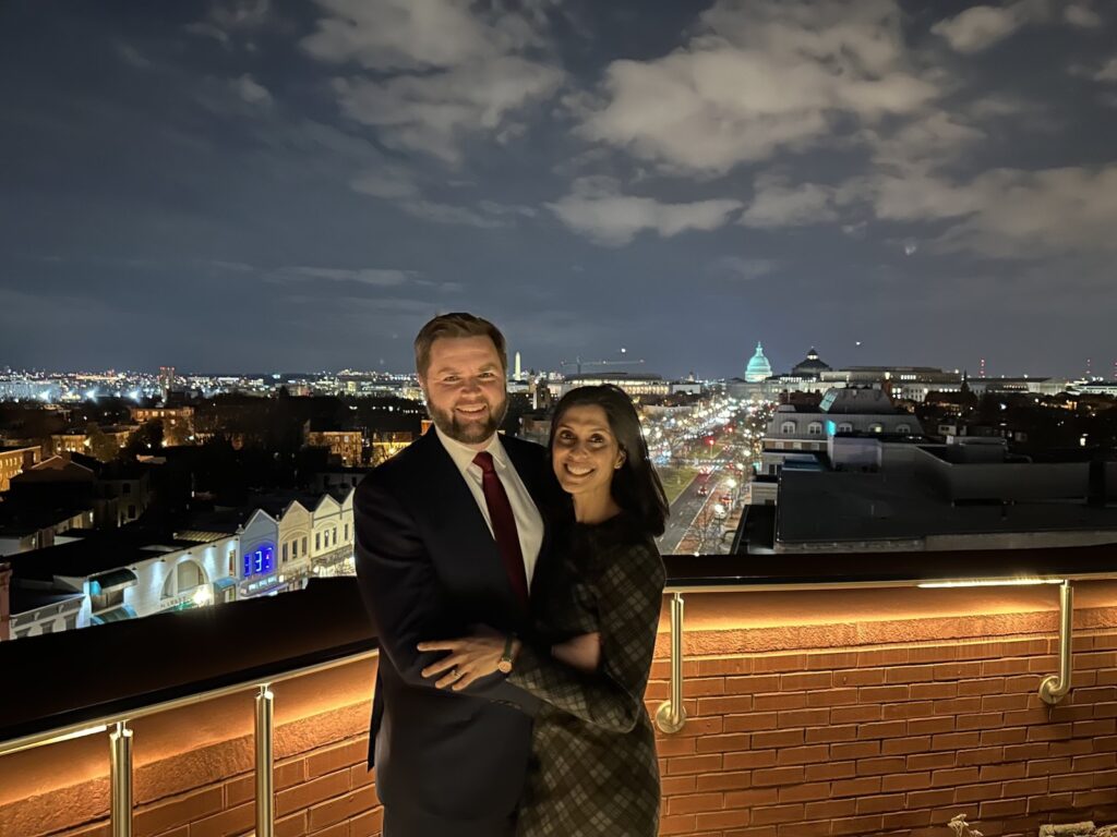 Usha Vance and J.D. Vance posing in Washington